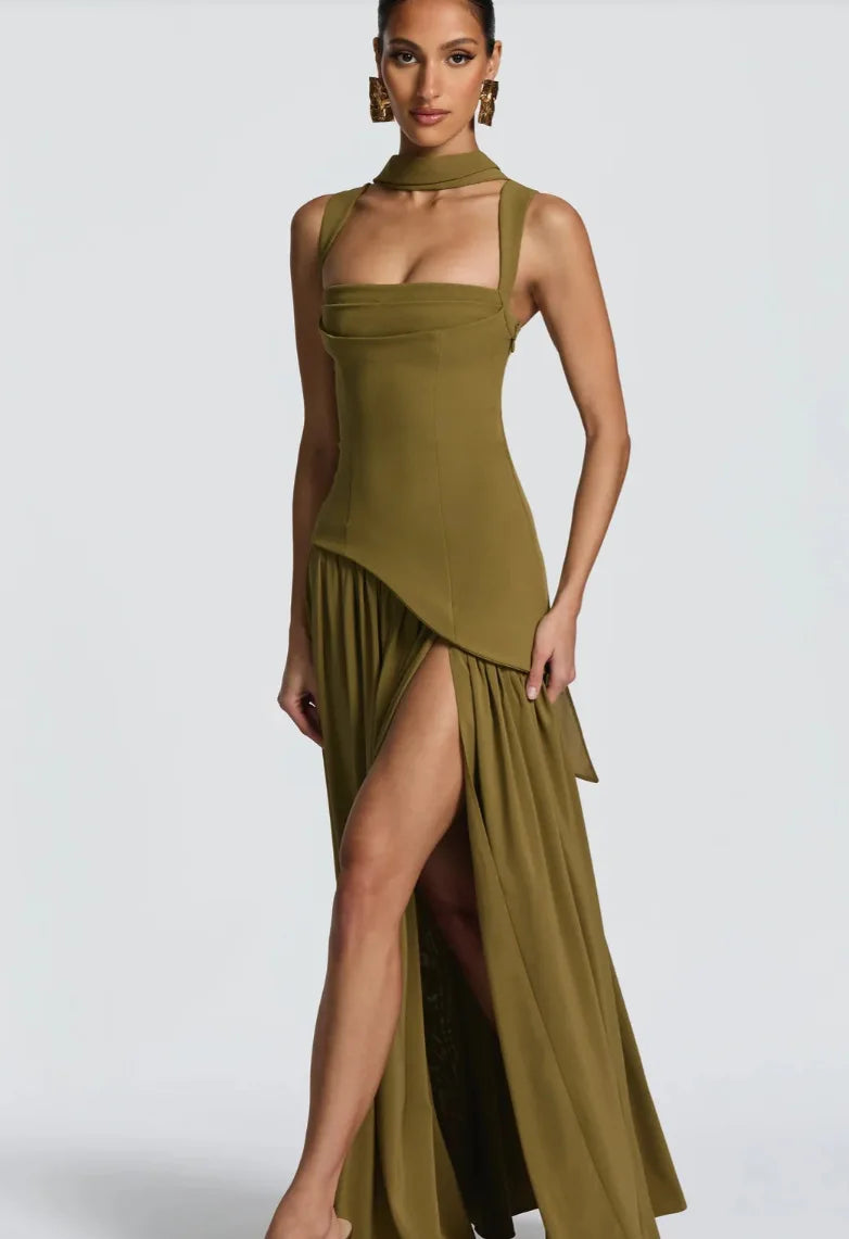 Elegant Green Evening Dress with Scarf – Lace-Up Back High Slit Maxi