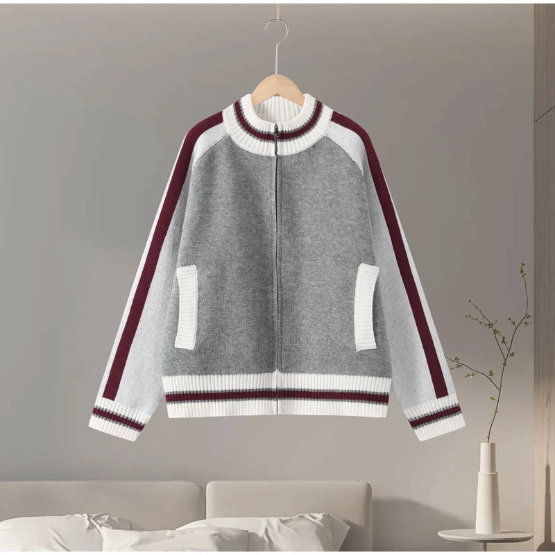 The Heritage Zip: Gray Striped Stand-Collar Knit Jacket – Modern Preppy Loose-Fit Sweater Coat