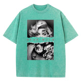 T-Shirt mit Porträt im europäischen Stil – Vintage-Baumwoll-T-Shirt für Damen mit Waschung