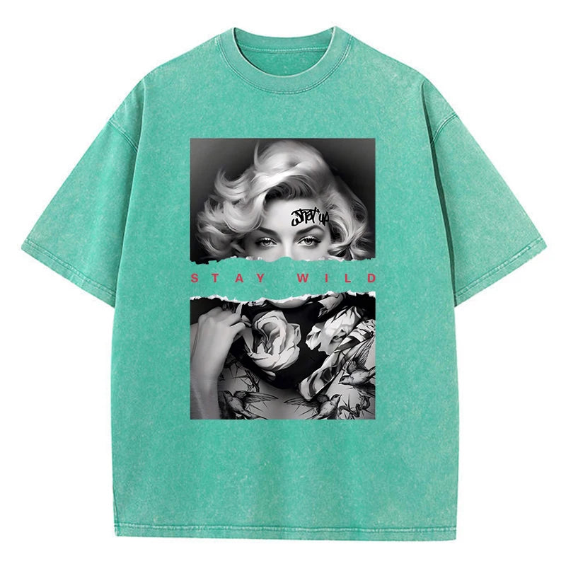 T-Shirt mit Porträt im europäischen Stil – Vintage-Baumwoll-T-Shirt für Damen mit Waschung