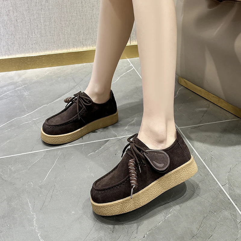 Women’s Genuine Leather Suede Loafers – British Style Lace-Up Oxford Shoes
