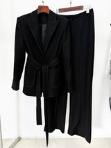 Designer Contrast Stitching Suit Set | Women’s Belted Blazer & Tailored Pants