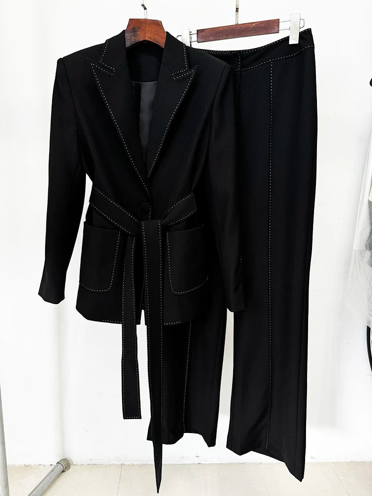 Designer Contrast Stitching Suit Set | Women’s Belted Blazer & Tailored Pants