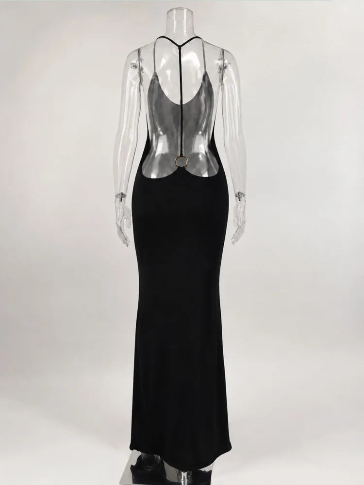 Women’s Gold Ring Halter Backless Maxi Dress