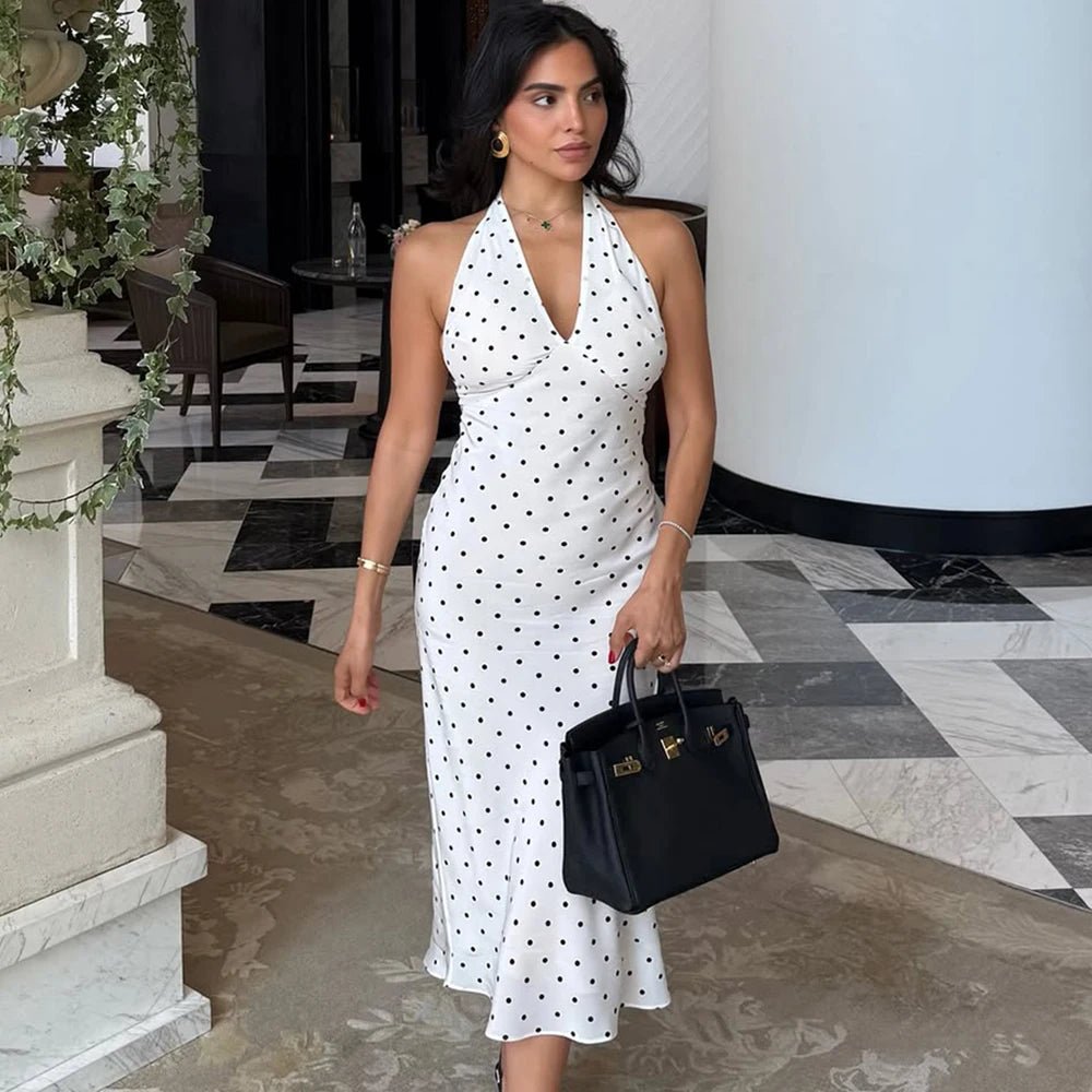 Elegantes langes Damenkleid mit Polka Dots und Neckholder – sexy, trägerloses, rückenfreies Schnürkleid
