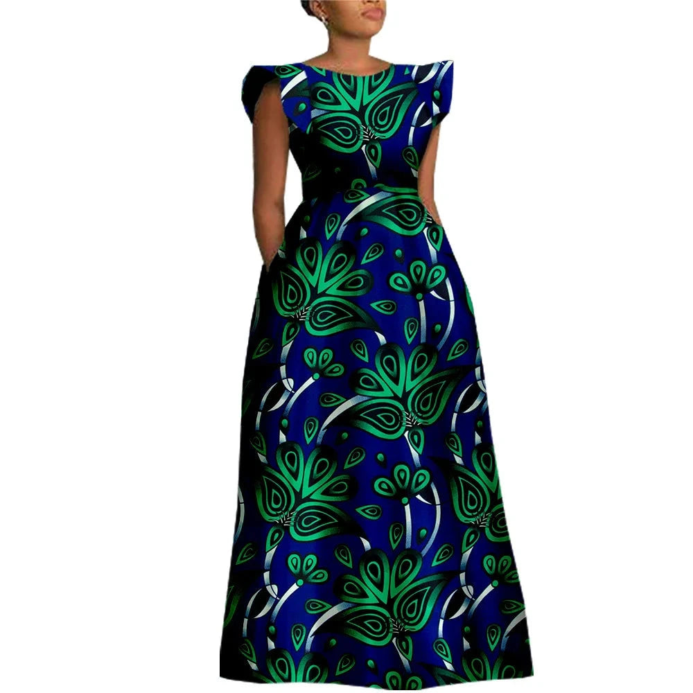 The "Heritage Queen" Floor-Length Gown: Bold Ankara Wax Cotton Dress with Short Sleeves