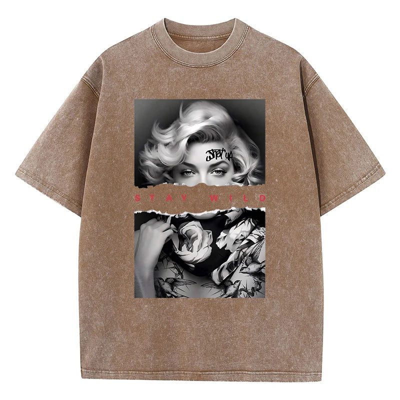 T-Shirt mit Porträt im europäischen Stil – Vintage-Baumwoll-T-Shirt für Damen mit Waschung