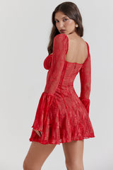 Ladies Elegant Square Neck Lace-Up Mini Dress – Sexy Backless Long Sleeve Patchwork Outfit
