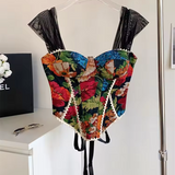 The "Laredo" American Retro Camisole | Vintage Floral Lace-Spliced Strap Top