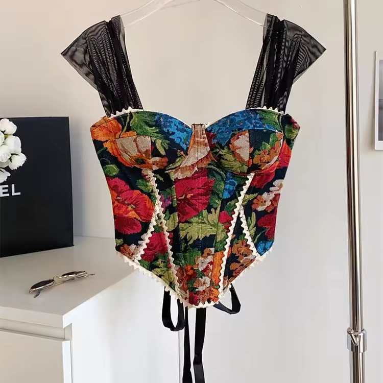 The "Laredo" American Retro Camisole | Vintage Floral Lace-Spliced Strap Top