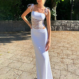 Women’s Spring Lace Long Dress – Sexy See-Through Spaghetti Strap Gown