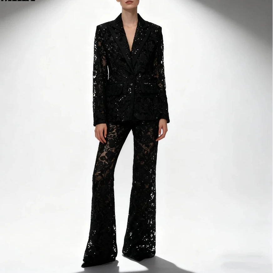 Women's Mesh Lace Suit Set – 2-Piece Slim Fit Sequin Tuxedo – Shiny Formal Business Blazer & Pants