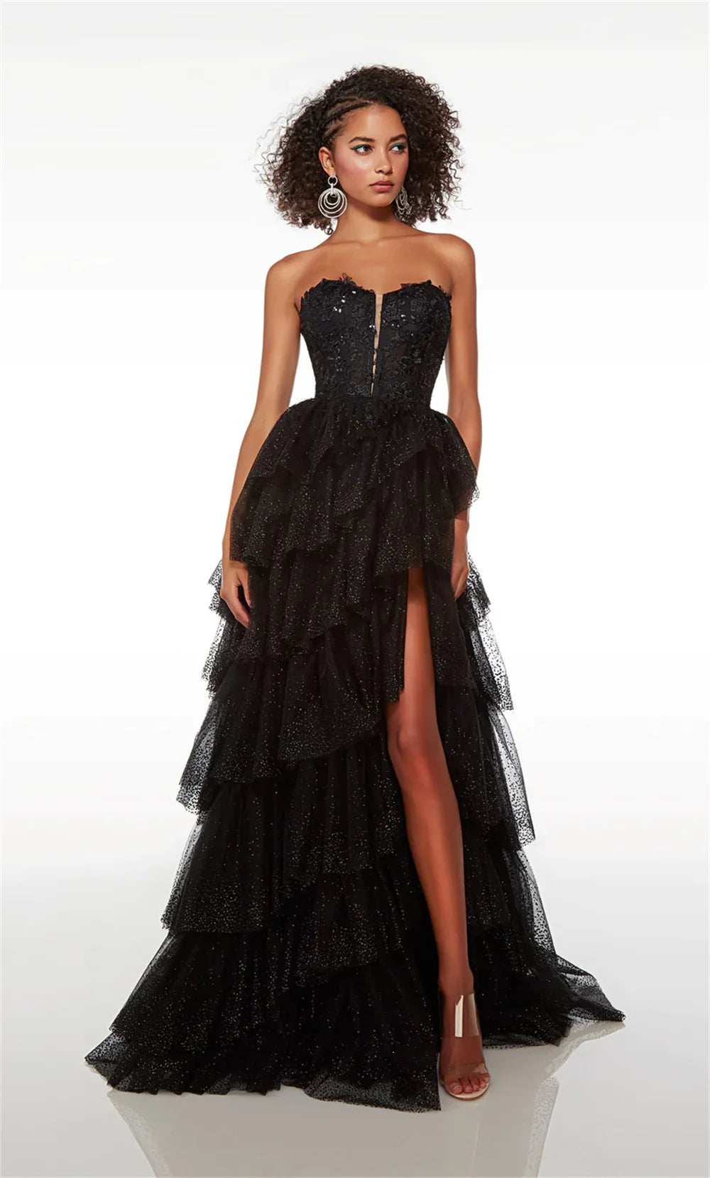 Black Lace Embroidery Prom Dress | Glitter Tulle Layered Evening Gown