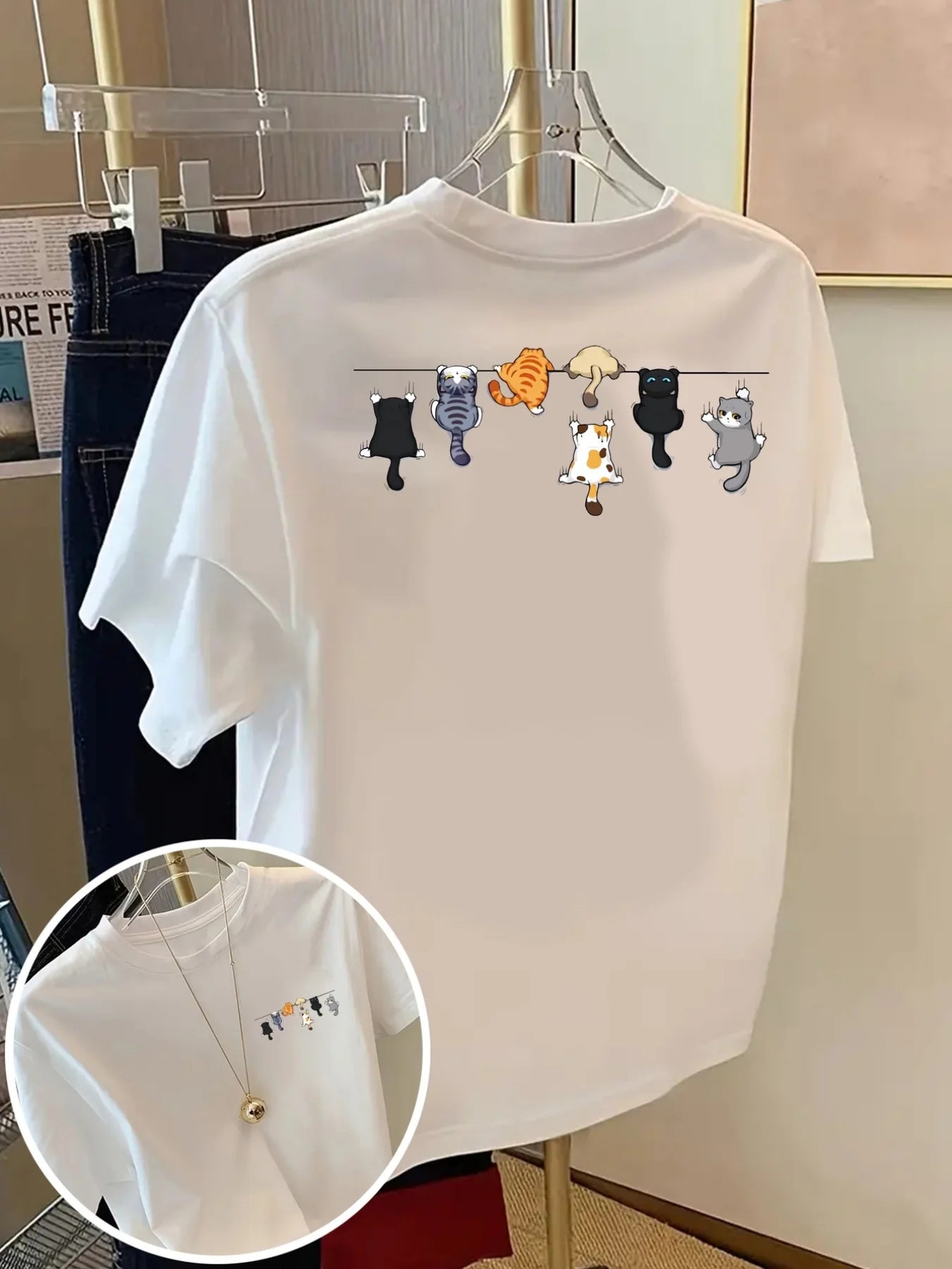 Women's Oversized Cotton Cartoon Cat Print T-Shirt