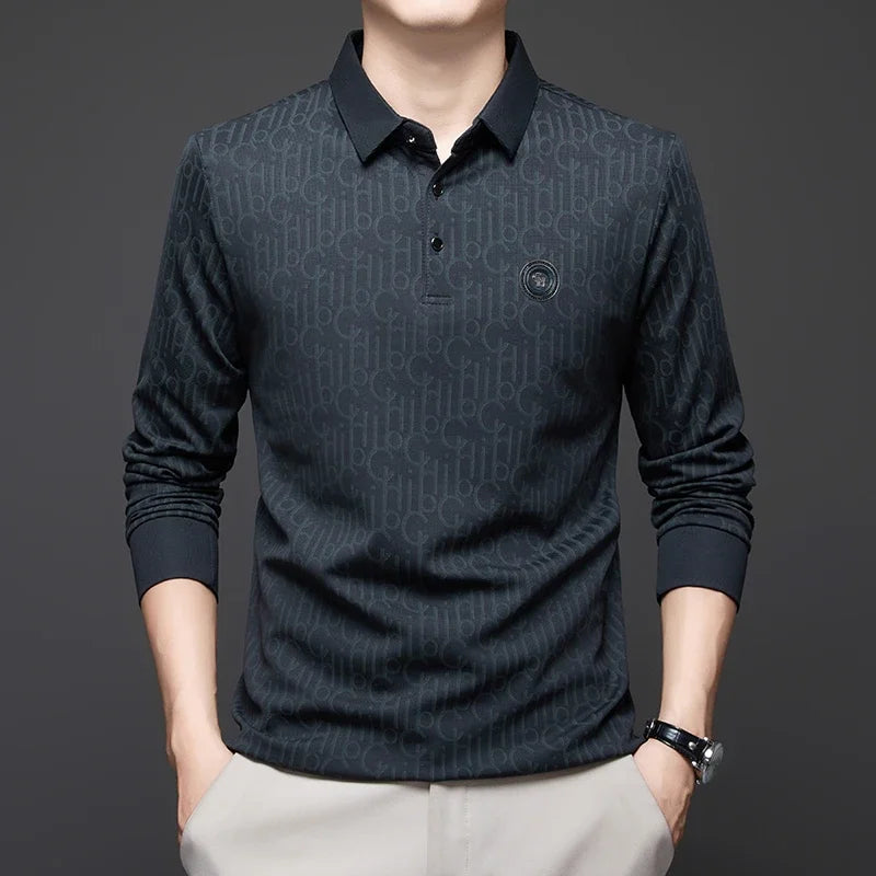 Herren Langarm-Poloshirt mit Abzeichen – Business Casual Uni-Oberteil