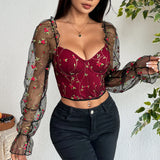 Women’s Sexy Mesh Long Sleeve Corset | Flower Embroidered Fishbone Bustier