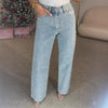 Damen-Jeans mit geradem Bein und Diamantbesatz – High-Waist-Stretch-Mom-Jeans, Vintage-Waschung