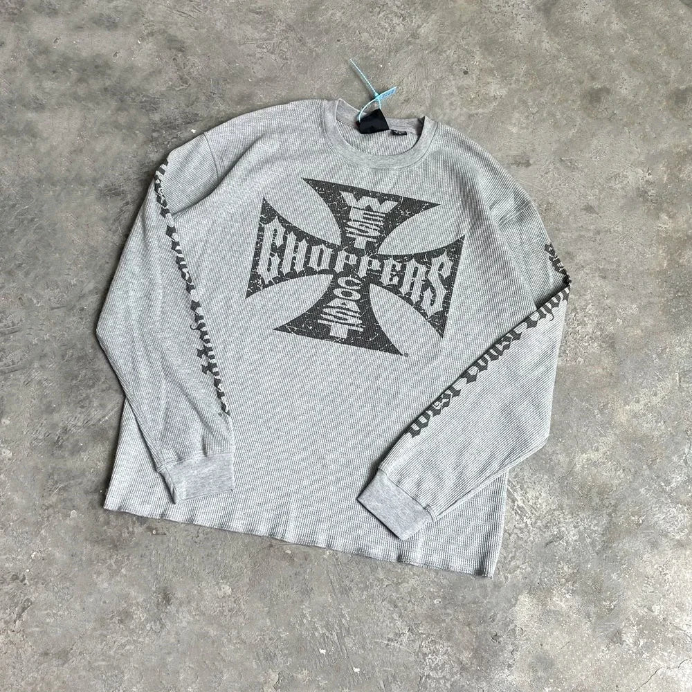 Men’s Vintage Sanskrit Logo Print Tee – Oversized Long Sleeve Hip Hop T-Shirt