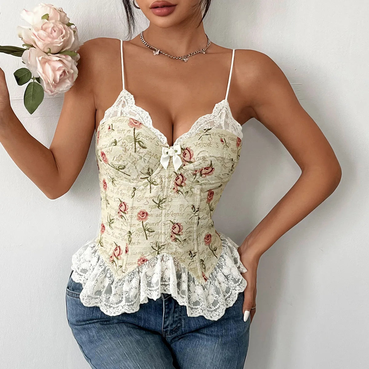 The "Lumière" French Vintage Camisole | Jacquard Floral Lace Patchwork Top