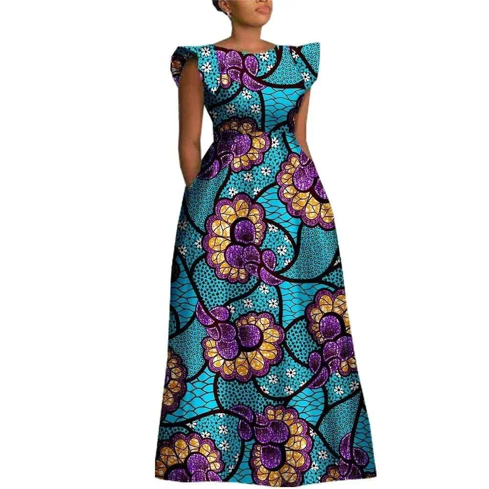 The "Heritage Queen" Floor-Length Gown: Bold Ankara Wax Cotton Dress with Short Sleeves