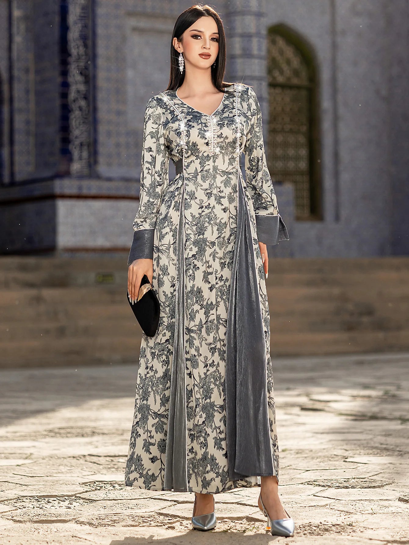 Satin-Abaya mit V-Ausschnitt für Damen | Eleganter muslimischer Party-Kaftan und Dubai-Satin-Robe