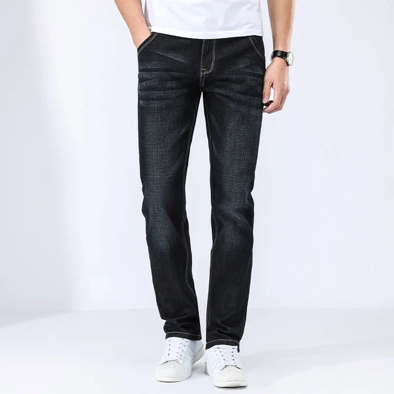 Classic Men's Straight Jeans | Streetwear Soft Black & Blue Denim Pants
