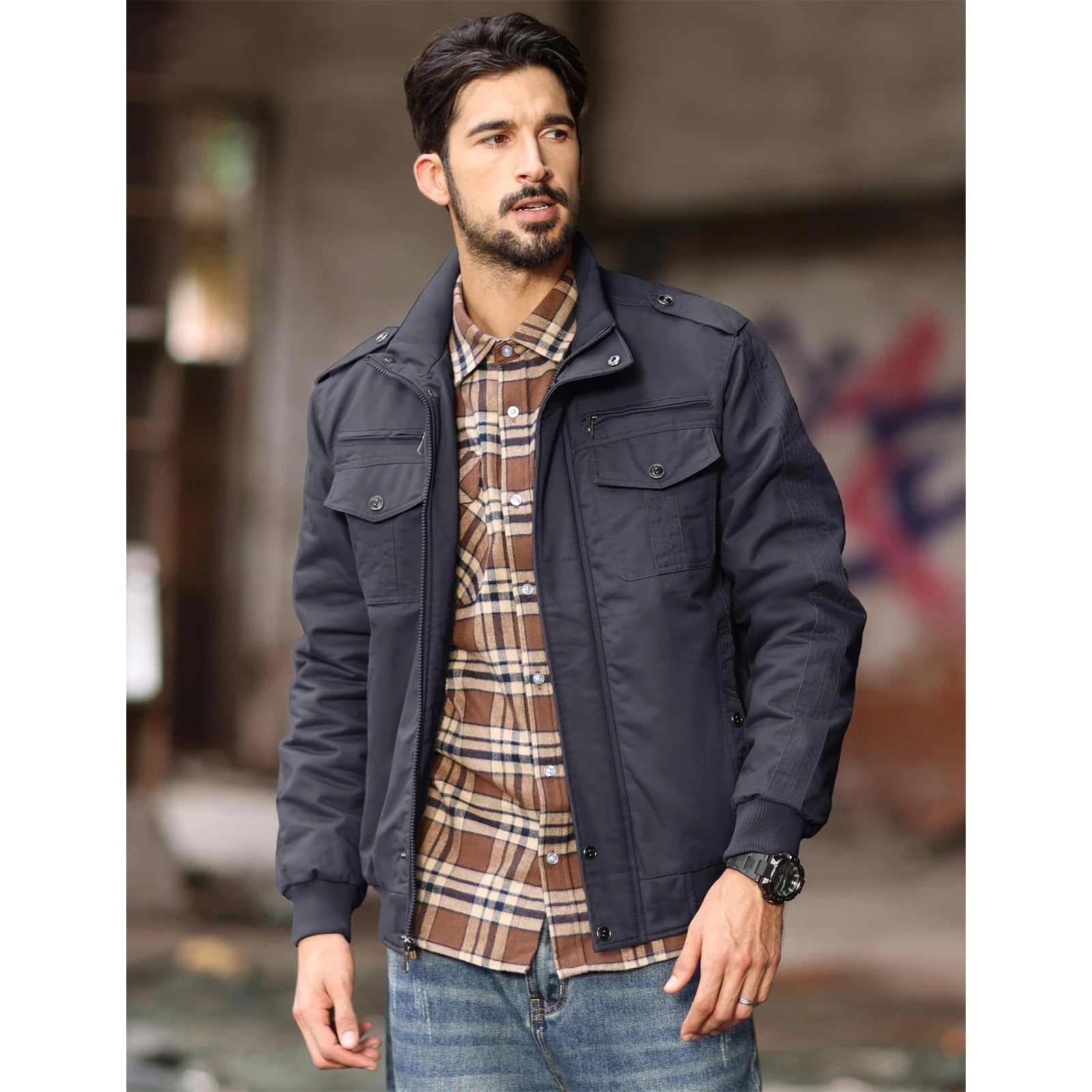 Men's Winter Fleece Bomber Jacket– Multi-Pocket Motorcycle Jacket with Stand Collar
