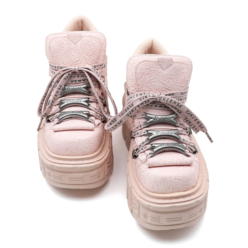 Women’s Pink Retro Punk Metal Decor Platform Ankle Boots