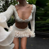 Women’s Beach Long Sleeve Sexy 3D Flower Crop Top & Skirt Set