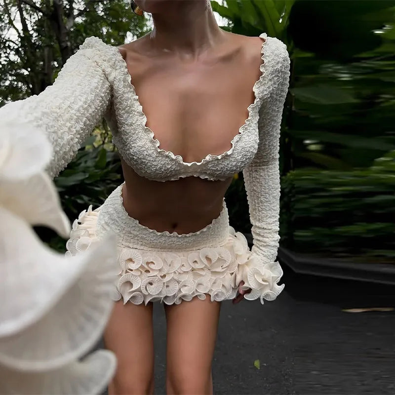Women’s Beach Long Sleeve Sexy 3D Flower Crop Top & Skirt Set