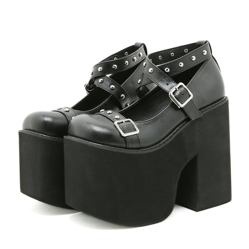 Women’s Gothic Black Rivet Buckle Platform Chunky Stiletto Pumps