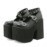 Women’s Gothic Black Rivet Buckle Platform Chunky Stiletto Pumps