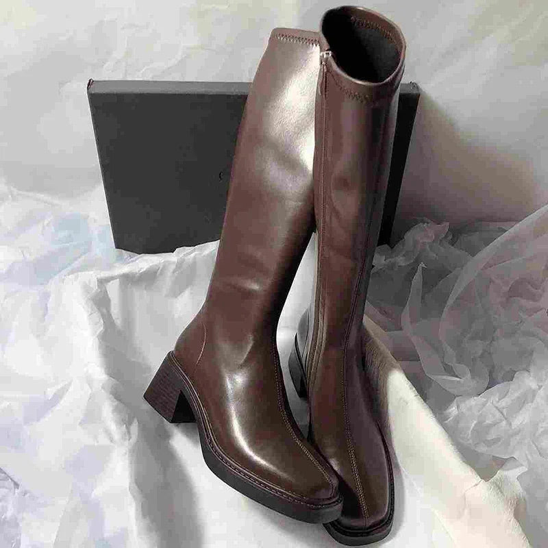 Women Vintage Knee-High Block Heel Boots with Side Zipper