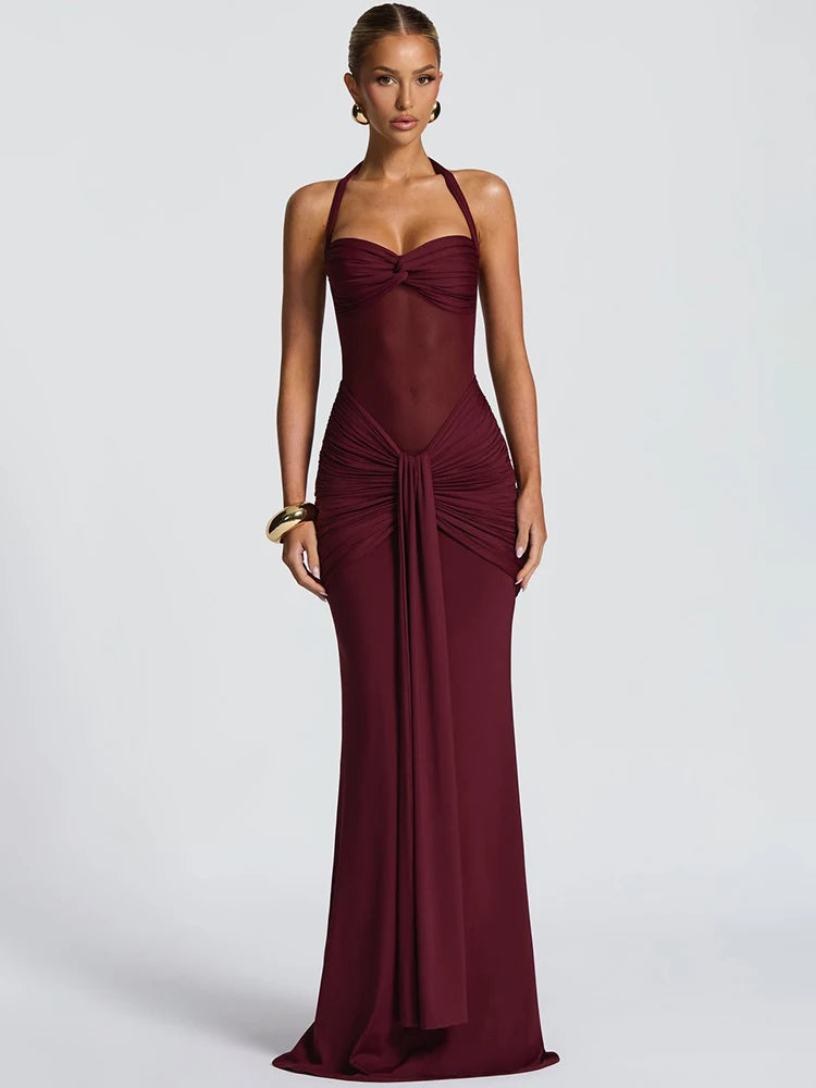 Sexy Halter Backless Maxi Dress – Women’s Patchwork Off-Shoulder Bodycon