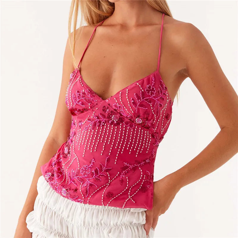 Women’s Y2K Sequin Halter Crop Top – Pearl Embellished Glitter Cami