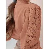 Women’s High Neck Long Sleeve Lace Blouse | Elegant Hollow Paneled Sleeve Top