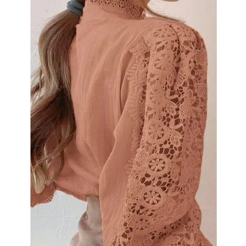 Women’s High Neck Long Sleeve Lace Blouse | Elegant Hollow Paneled Sleeve Top