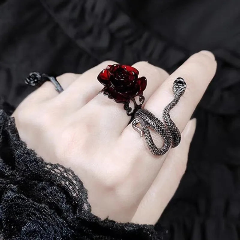 Retro Goth Red Rose Ring for Women – Punk Personality Flower Finger Ring