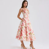 Women's Elegant Pink Peony Floral Corset Dress