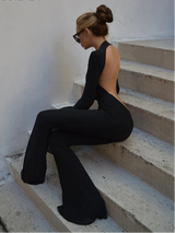 Sexy rückenfreier Overall mit weitem Bein – Einfarbiger Langarm O-Ausschnitt Bodycon Playsuit
