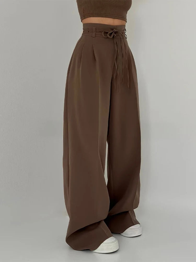 Women’s Y2K Wide Leg Long Pants – Elegant High Waist Double Drawstring Baggy Trouser