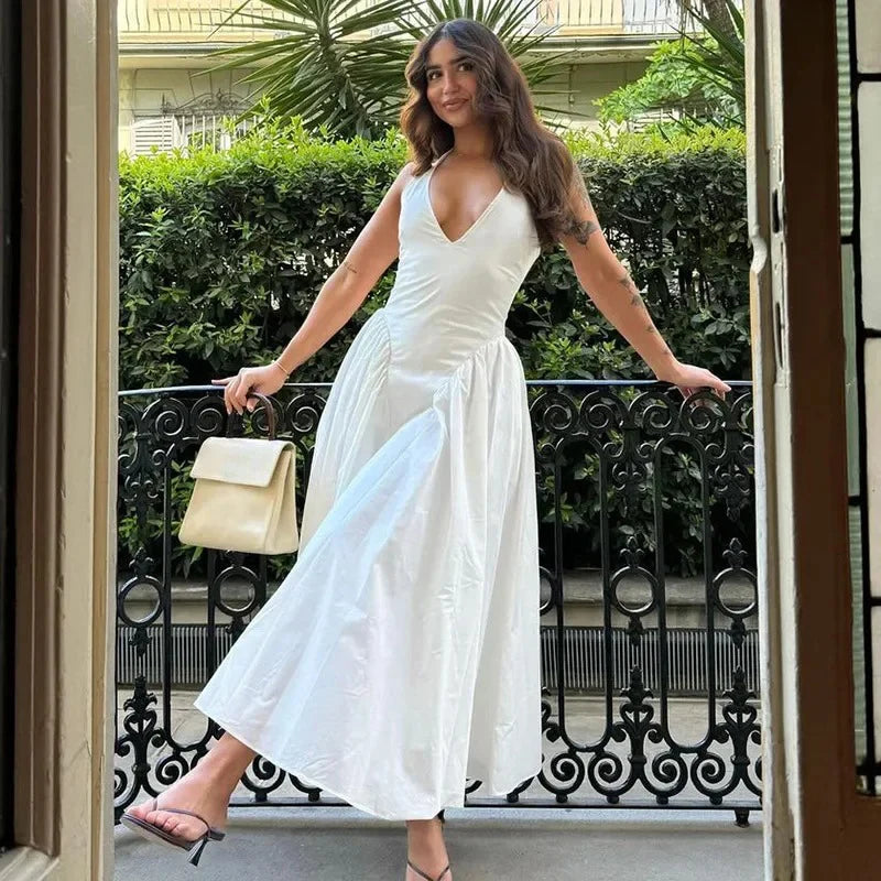 Women’s Sexy Backless Deep V-Neck Maxi Dress – Spliced Halter Sleeveless Dress