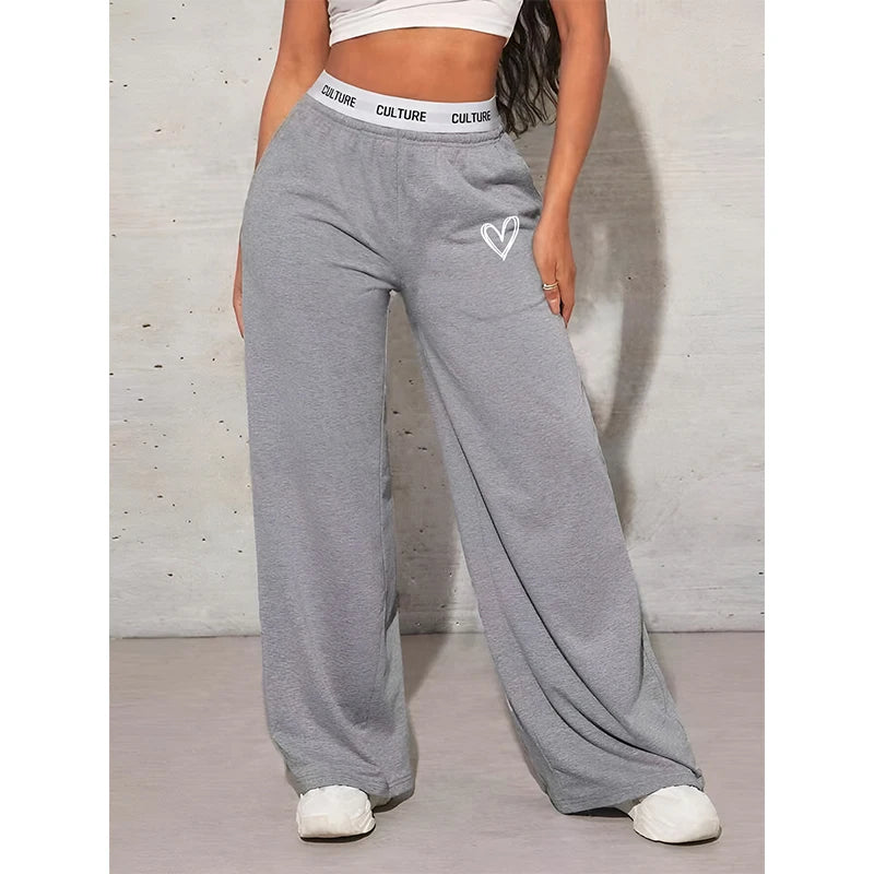 Women's Wide Leg Casual Loose Fit Webbing Detail Love Heart Printed Trousers