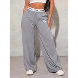 Women's Wide Leg Casual Loose Fit Webbing Detail Love Heart Printed Trousers