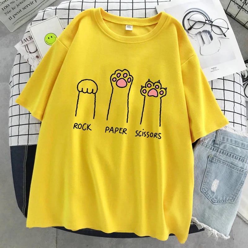 Schere-Stein-Papier Lustiges Katze Grafik-T-Shirt Weiches Casual Streetwear T-Shirt für Damen