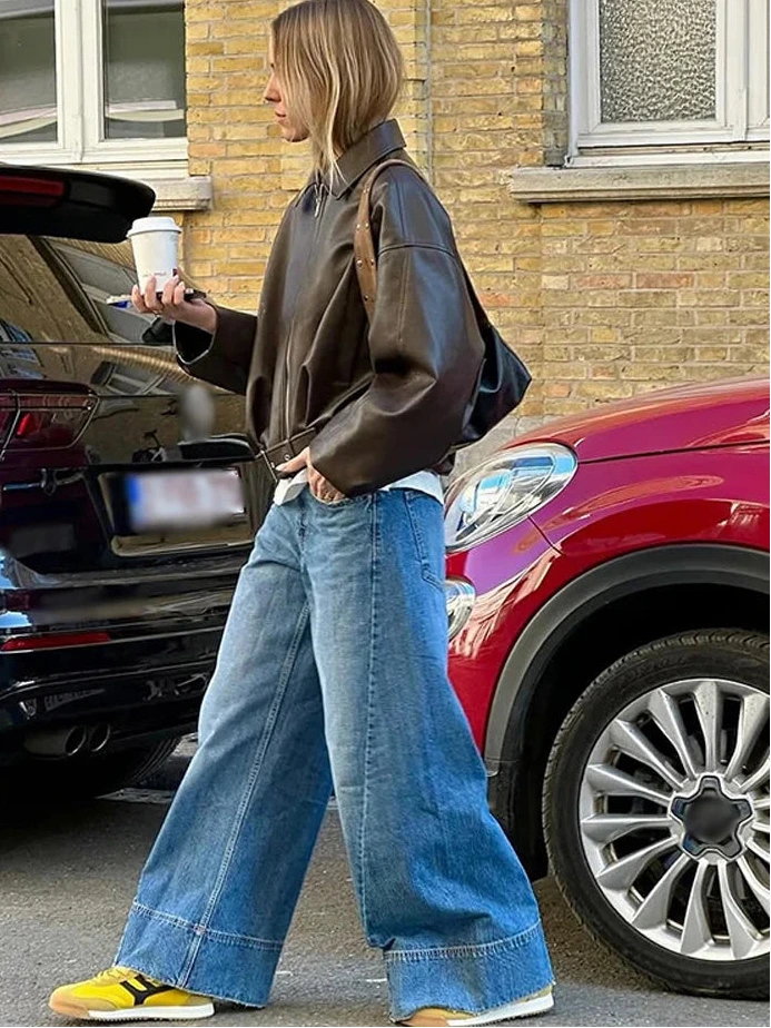 Damen-Schnürjacke aus Kunstleder – Locker sitzender Mantel mit Umlegekragen im Moto-Stil