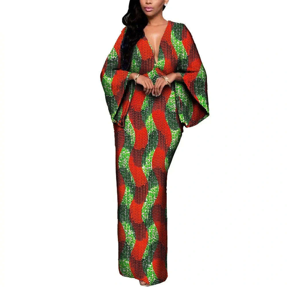 Ankara Maxikleid für Damen mit V-Ausschnitt und ausgestellten Ärmeln