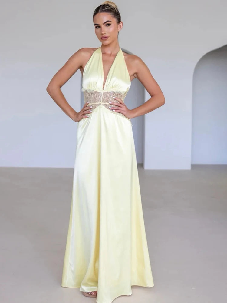 Women’s Sexy Deep Neck Lace Halter Maxi Dress – Backless Patchwork Evening Gown