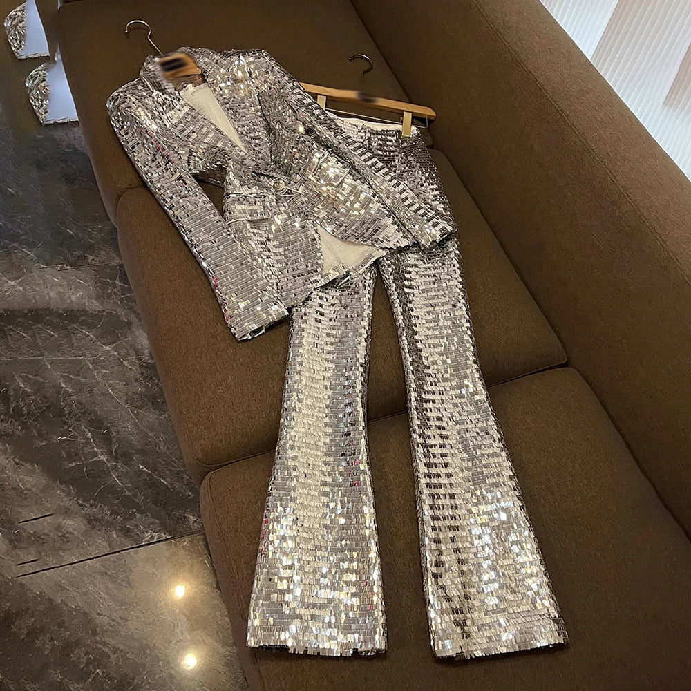 Silver Sequin 2-Piece Set for Women – Elegant Lapel Long Sleeve Top & High Waist Pants