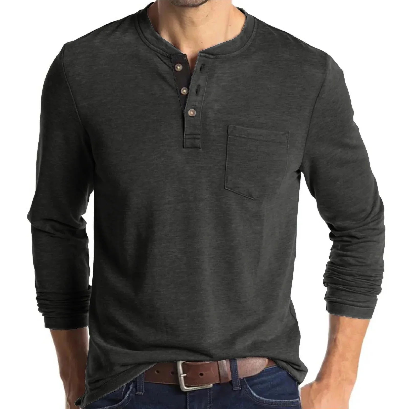 Europäische und amerikanische Herren Langarm Rundhals-T-Shirts Amazon Herren Base Layer Top Außenhandel Herren T-Shirt Henry-Kragen
